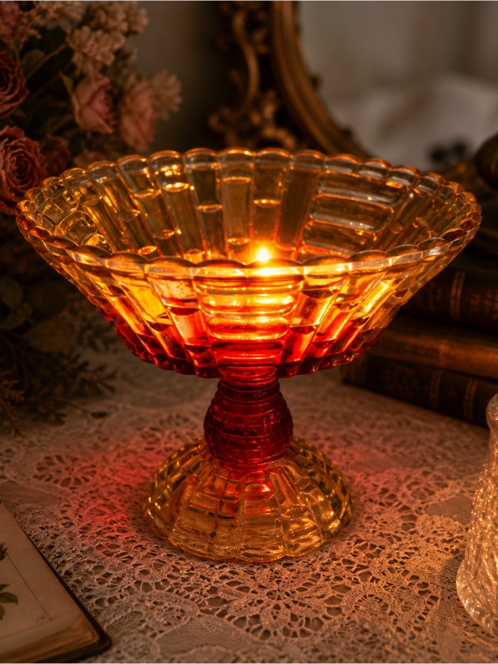 Vintage Amberina Pedestal Compote Dish Red Yellow Glass Cottagecore
